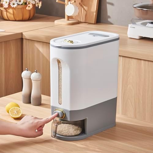Sooyee 22 Lbs Rice Dispenser with Measuring Cup, White and Grey - Image 2