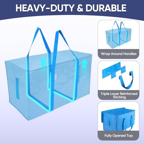 TICONN 4 Pack Extra Large Moving Bags Heavy Duty with Zippers & Carrying Handles, Durable Storage Bags Moving Boxes for Closet Organizers and Storage (4 Pack, Sky Blue) - Image 3
