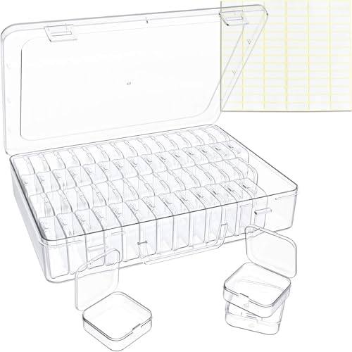 Bead Organizer Box, 60 Pack Small Clear Storage Boxes with Labels, Large Travel Craft Case with Handle, Mini Plastic Containers for Jewelry Making Diamonds DIY Pony Bracelet Screws Seeds Small Parts by HOXILOB