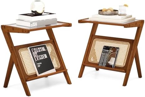Giantex Rattan Side Table, Boho Nightstand with Glass Top & Magazine Rack, End Table with Storage, Bamboo Bedside Table for Small Space Living Room Bedroom (2, Walnut) by Giantex