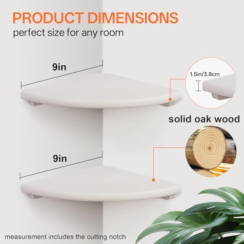 Gieanoo Floating Corner Shelves Set 2 9inch White Solid Oak Rounded Corner Shelves Wall Mounted with Cable Hole Wood Corner Hanging Shelves for Living Room Bedroom Bathroom Kitchen - Image 2