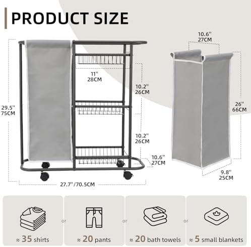 Skinny 3-Tier Rolling Laundry Cart with Wheels 45L Small Space, Grey - Image 6