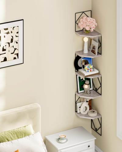 CHOEZON 5-Tier Corner Shelf, Floating Shelf, Wall-Mounted Storage Shelf, Wall Decor, Narrow Corner Bookshelf, for Living Room, Bedroom, Home Office, and Bathroom, Greige and Black TCJ35BG - Image 6