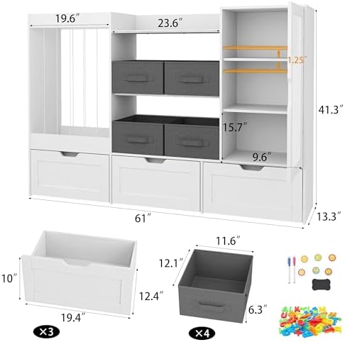 61" W Kids Toy Storage Organizer with Stuffed Animal Storage, 3 Movable Storage Drawers, 4 Removable Storage Bins, Wooden Bookshelf with Magnetic Drawing Board for Kids Room & Playroom, White - Image 2