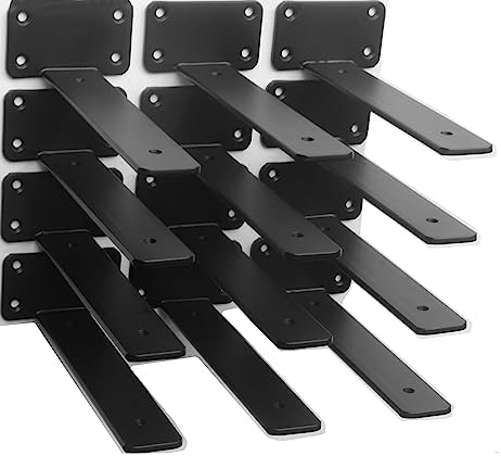 12 Pack - 8 inch Black Hidden L Shelf Bracket (1/5 Inch Thicked) Iron Floating Shelf Brackets Rustic Industrial Metal Brackets for Shelf Support by MHMYDZ