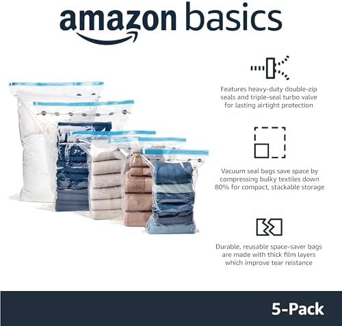 Amazon Basics Vacuum Storage Bags, Compression Space Saving for Clothes and Linens, Reusable with Hand Pump, Large, Clear, 5-Pack - Image 2