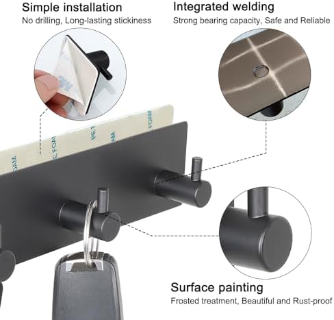VIRFIN Key Holder for Wall with 2 Self-Adhesive Tapes, No Damage Key Holder Rack for Wall with 3 Key Hooks for Entryway, Door, Bathroom, Kitchen(Black) - Image 2