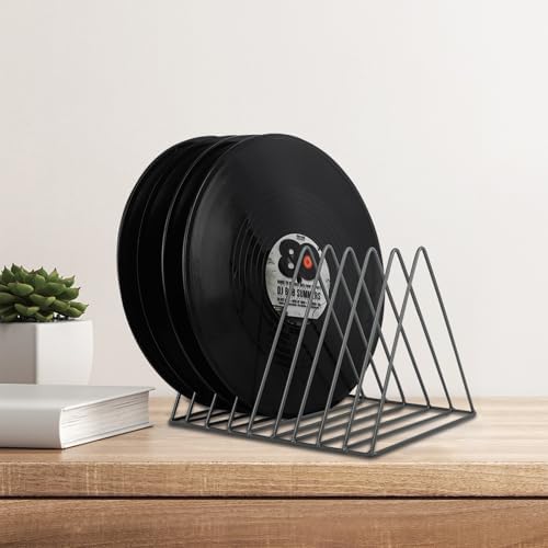 EASEPRES Vinyl Record Holder Storage, 9 Slot Metal Magazine Book Album Display Rack, Stylish Triangle Desktop File Sorter Organizer for Home Office, Grey - Image 5