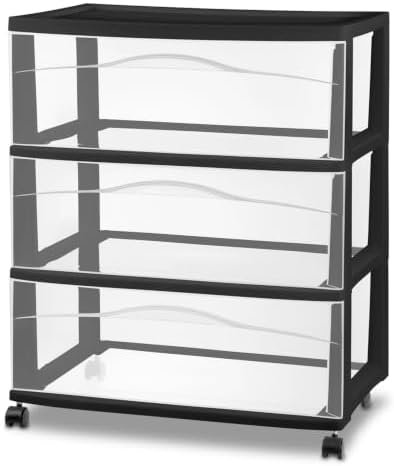 Sterilite 4 Pck Wide 3 Drawer Storage Cart Plastic Rolling Organizer, Black - Image 4