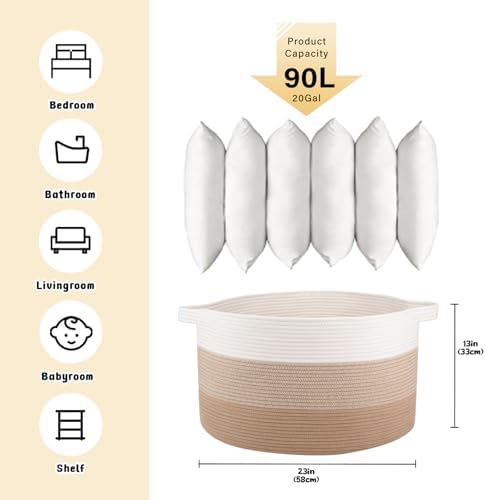 OIAHOMY 90L Extra Large Blanket Basket - Decorative Cotton Rope Storage Basket for Bedroom, Living Room & Nursery - Woven Laundry Hamper for Organizing Blankets, Clothes & Toys - Gardient Light Brown - Image 3