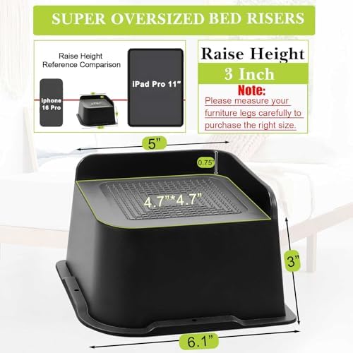 Bed Risers 2 inch, 3 inch, 4 inch, 6 inch, 8 inch Heavy Duty, Oversized Furniture Riser for Couch Sofa Table Chair Leg Frame Dorm, Support up to 6000 Lbs (Black 4 Pack, 3 inch) - Image 2