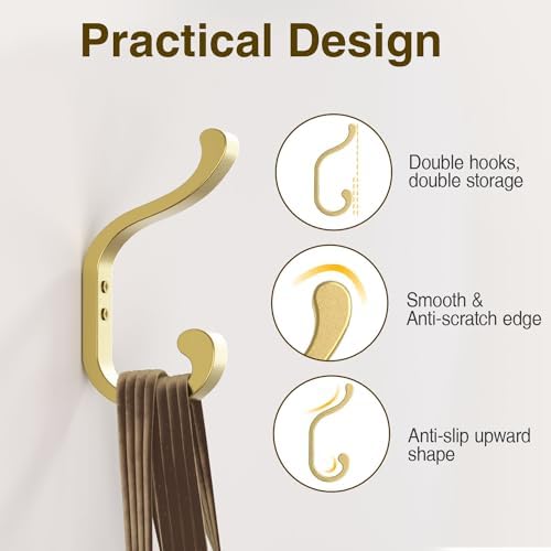 Coat Hooks Wall Mount,Heavy Duty Wall Hooks for Backpack,Towel,Gold 6 Pack - Image 2
