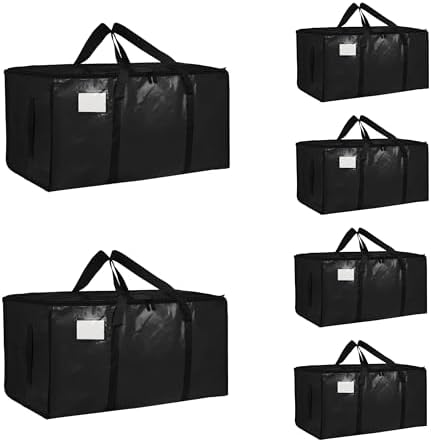 6 Pack-Extra Large Heavy Duty Moving Bags - Waterproof Storage Totes with Handles & Zippers, Foldable for College Dorm, Storage (Black) by Unknown