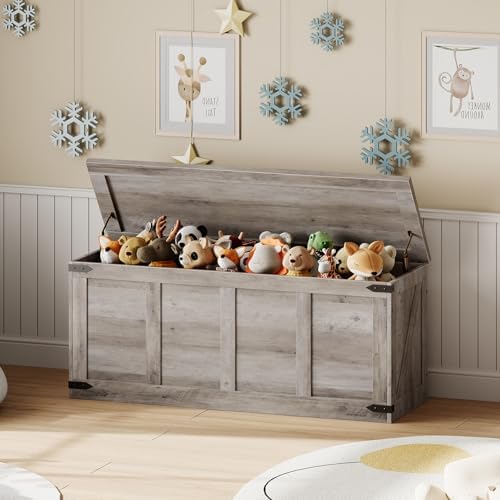 HOOBRO 47.2”Storage Bench Large, Toy Box with 2 Safety Hinges, Farmhouse Wooden Storage Chest, Easy Assembly for Bedroom, Living Room, Entryway, Greige BG520CW01G1 - Image 6