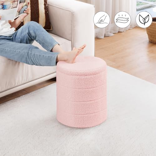 PINPLUS Compact Round Folding Storage Ottoman, Pink Boucle Footstool - Image 2