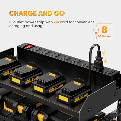 POKIPO Power Tool Organizer Wall Mount with Charging Station,Tool Storage Rack with 8 Outlet Power Strip,Heavy Duty Metal Battery Utility Rack with 4 Cordless Drill Holder 6.56 Ft Cord for Garage - Image 2