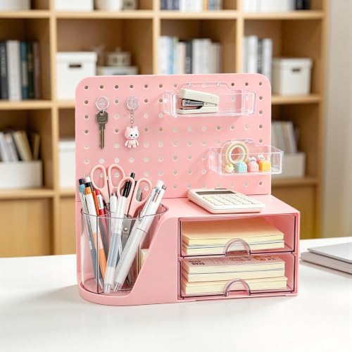 Desk Organizer with 360° Rotating Pen Holder, 5 Slots, 2 Drawers & Pegboard for Office School Art Supplies (Pink) - Image 4