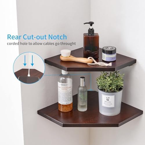 Corner Wall Shelves Set 2 Wire Hole Solid Oak Wood Display Shelf ,Walnut - Image 4