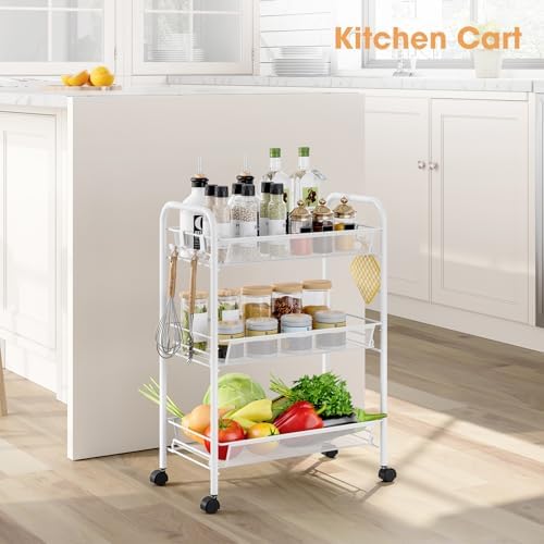 TOOLF 3 Tier Rolling Cart, Metal Utility Storage Cart with Wheels, White - Image 2
