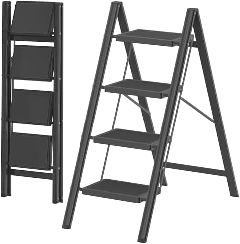DIAMONDFORGE 4 Step Ladder, Folding Step Stool with Anti-Slip Wide Pedal, Anti-Slip Feet, Sturdiest Steel Construction, Steel Ladder for Home and Office, Black by DIAMONDFORGE