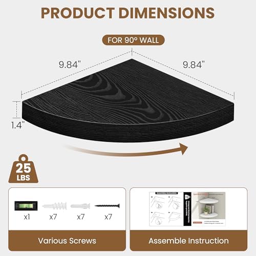 Fun Memories Floating Corner Shelves Set of 2 - Rustic Wood Wall Mounted Storage and Display Shelves for Living Room, Bedroom, Kitchen, Bathroom - Space Saving Home Decor, Black - Image 3