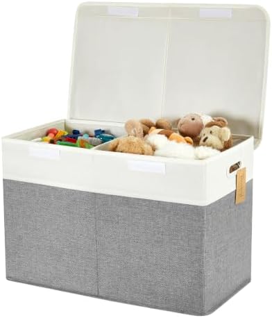 Large Toy Storage Box with Lid, Collapsible Toys Storage Organizer Bins with Dividers and Handles, Storage Chest Bin for Kids, Boys, Girls, Nursery 25"x13" x16" (Gray & White) by Roobyl