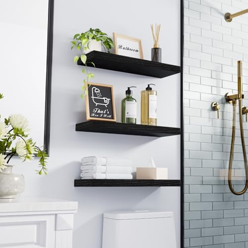 BAYKA Black Floating Shelves 15.7in, Set of 3, Wall Mount Rustic Wood Shelf - Image 2