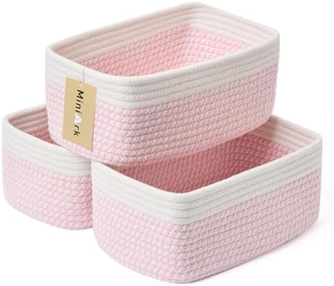 MiniArk Small Storage Baskets for Organizing | Closet Organizer Bins | Shelf Toy Basket | Woven Rope Baskets | Cube Decorative Box | Shallow Basket | 11.5x7.5x4.7” | 3 Packs White Pink by MiniArkStorageBasketsHome