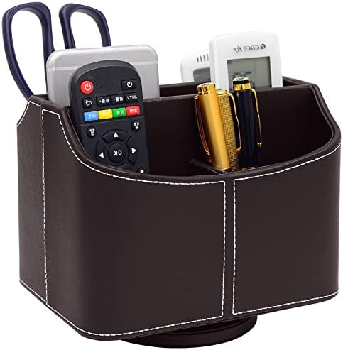 PU Leather Remote Control Holder 360 Degree Spinning Desk Organizer Storage Box for Remote Caddy,TV Guide, Mail, Electronics, Pen,Stationery and Media Storage (Brown) by RHCSZ