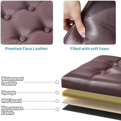 Bsketa Storage Ottoman Bench, 16" Folding Leather Foot Rest, Brown 2 Pack - Image 6