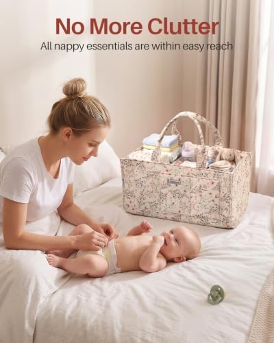 Large Floral Diaper Caddy Organizer Nursery Storage Basket, Gift for Baby Shower Diaper Bag Baby Registry Must Have Newborn Essentials, Beige Floral - Image 5