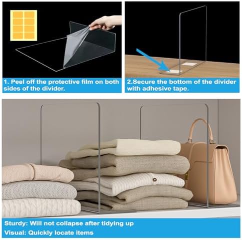 OKPOW Shelf Dividers Closet Organizer - 12" Tall X 11.8" Deep Acrylic Clear Sturdy Separate for Clothes Purse - Adjustable Space Saver Easy Install for Home Organization Enthusiasts 4 Pack - Image 4