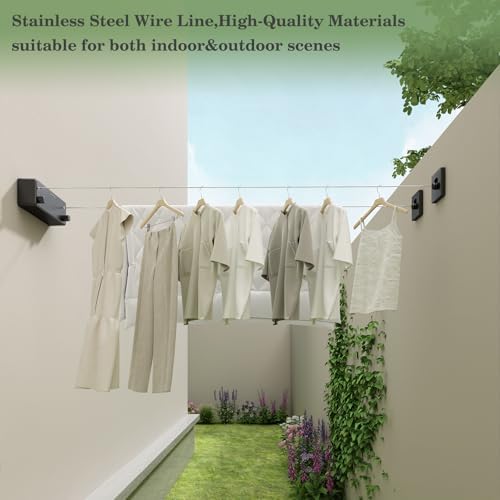 Danpoo Retractable Clothesline Outdoor Heavy Duty, 2x13.8ft Stainless Steel Double Clothes Line for Outdoors - for Patio/Backyard/RV Wall Mounting(Black) - Image 3