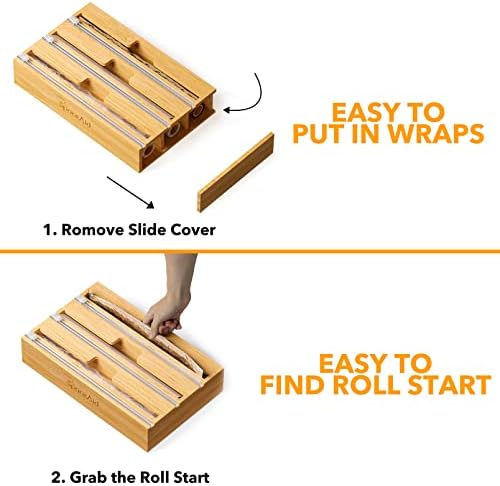 SpaceAid WrapNeat 3 in 1 Wrap Organizer with Cutter and Labels, Plastic Wrap, Aluminum Foil and Wax Bamboo Dispenser for Kitchen Storage Organization Holder for 12" Roll (Natural, 3-Slot) - Image 6