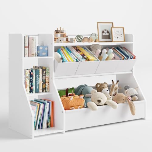 FOUCSSOMEI Kids Toy Storage Organizer with Bookshelf, 3-Tier Wooden Toddler Toy and Book Storage Rack with 3 Removable Bins for Living Room Playroom - Image 6