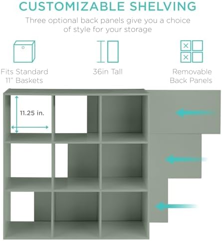Best Choice Products Kids Bookcase 9-Cube Storage Organizer, 11in Shelf Opening, Bookshelf, Toy Storage, Customizable w/ 3 Removable Back Panels – Sage - Image 3