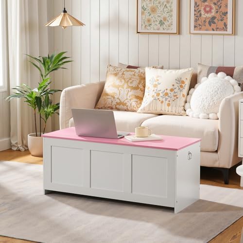 HOOBRO Storage Bench, 39.3" Retro Wooden Storage Chest, Wooden Storage Trunk, Toy Chest with Lift Top, Multifunctional Entryway Organizer, for Entryway, Living Room, White and Pink WK141CW01G1 - Image 4