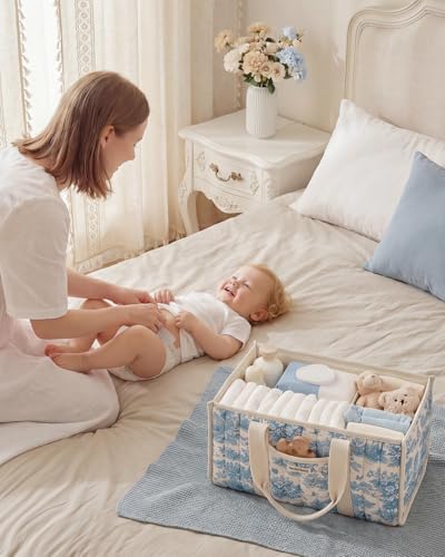 Blissful Diary Toile Diaper Caddy Organizer, Baby Diaper Basket, Blue Toile - Image 5