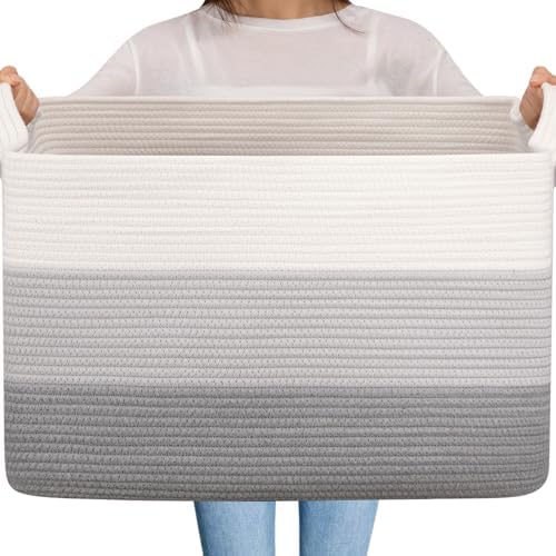OIAHOMY Extra Large Blanket Basket, 95L Cotton Rope Woven Laundry Basket, Toy Bin for Baby Room, Container for Blanket Storage in Living Room, 24''×17''×14'', Gradient Grey by MasterofSpaceOptimization