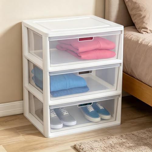 Wide 3-Drawer Organizer Tower, Plastic Storage Unit with Removable Clear Bins, Tool-Free Easy Assembly, White - Image 2