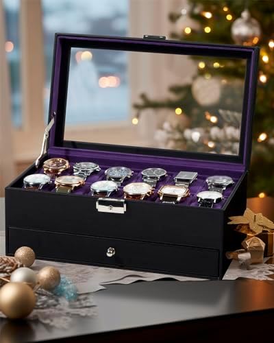 GUKA Watch Box, 12 Slot Watch Case, Watch Cases for men with Real Glass Lid, Synthetic Leather Watch Organizer storage with Jewelry Case, Birthday for Men and Women, Blue Purple - Image 6