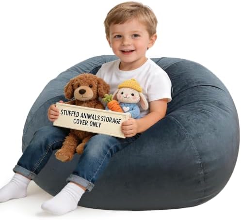 Lukeight Stuffed Animal Storage Bean Bag Chair Cover for Kids, Velvet Plush Toy Organizer Seat, Cover Only, No Filling Included, Long YKK Zipper, Side Pocket, Large 27"D x 16"H by Lukeight