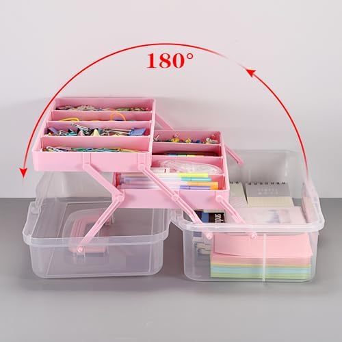 BTSKY 3-Layer Clear Plastic Dividing Storage Box Craft Organizer and Storage with Adjustable Spacers Portable Handled Art Supply Organizer Multipurpose Home Utility Box Sewing Organizers (Pink) - Image 3