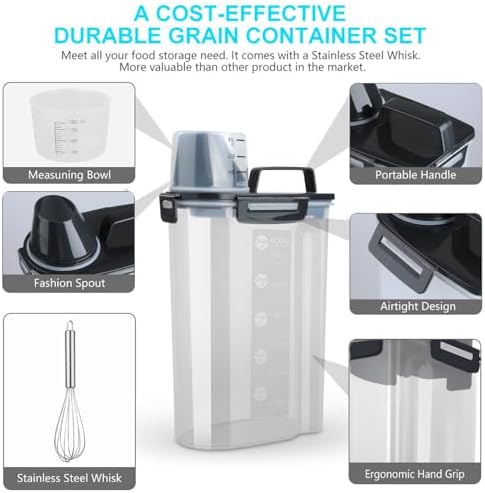 Uppetly Rice Airtight Dry Food Storage Containers, BPA Free Plastic Storage Bin Dispenser with Pourable Spout, Measuring cup for Cereal, Flour and Baking Supplies, Include a Stainless Steel Whisk - Image 3