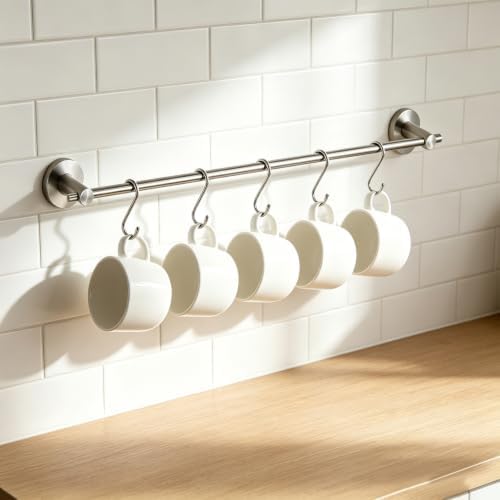 NEWRAIN Hanging Pot Rack 17.5 Inch Stainless Steel Wall Mounted Brushed Nickel Pot and Pan Hanger with Adjustable S Hooks, Rustproof Kitchen Utensil Rail for Organizing Pots, Pans, Lids,Mug & Towels - Image 3