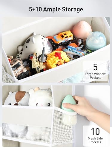 Yecaye 5 Tier Over the Door Organizer, 44lbs Load Toy Stuffed Animal Storage 10 Side Pockets, Bathroom Organizers and Storage for Nursery Newborn Baby Essential Stuff Dorm Room Essentials, Cream White - Image 4