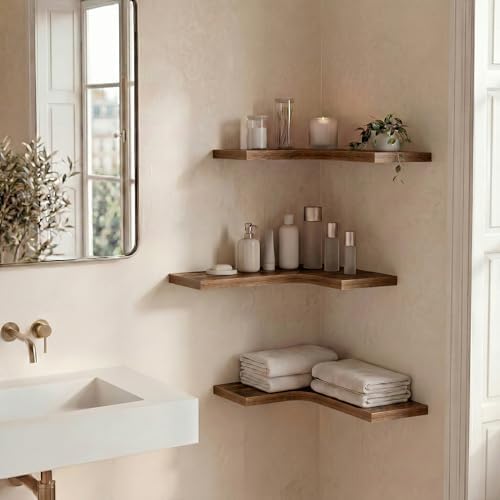 Corner Floating Shelves for Wall Mounted L-Shaped Wood Corner Wall Shelf, Hanging Shelf for Bathroom, Bedroom, Kitchen, Living Room, Office, Home Decor, Set of 3 (Brown) - Image 7