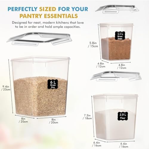 Shazo Flour Sugar Storage Containers Set of 3 (6L, 2.9L, 1.1L) Large Airtight Food Storage Containers with Lids, BPA-Free Plastic Container for Kitchen & Pantry Organizers, Cereal, Rice & Pasta - Image 2