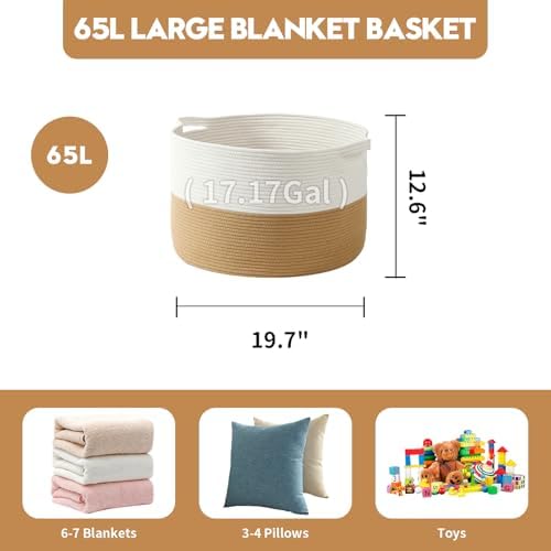 Foldable Laundry Hamper Basket with Collapsible Handle Cotton Rope Soft Woven Fabric Storage Organizer Clothes Toys Nursery Bedroom Dorm Space Saving Bin (White & Camel, 65L(19.7"D x 12.6"H)) - Image 5