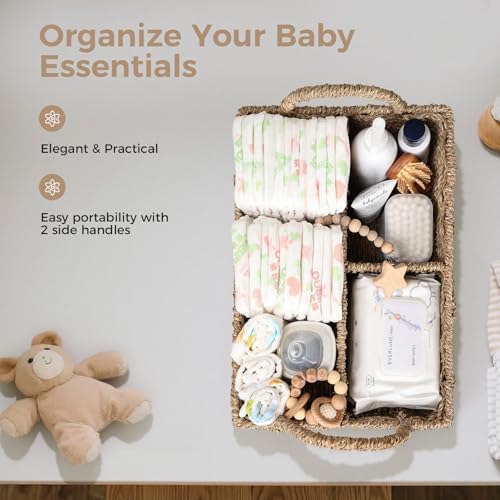 Diaper Caddy Organizer, Hand Rattan Nursery Baby Basket Changing Table Organizer for Baby Essentials, Baby Shower Gifts, Versatile Shelf Basket Bathroom/Kitchen Organizer (Natural Beige, L) - Image 4